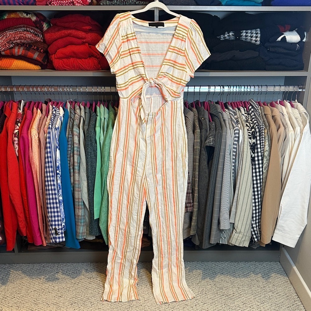 Kendall & Kylie white/orange/tan striped short sleeve front tie jumpsuit size M